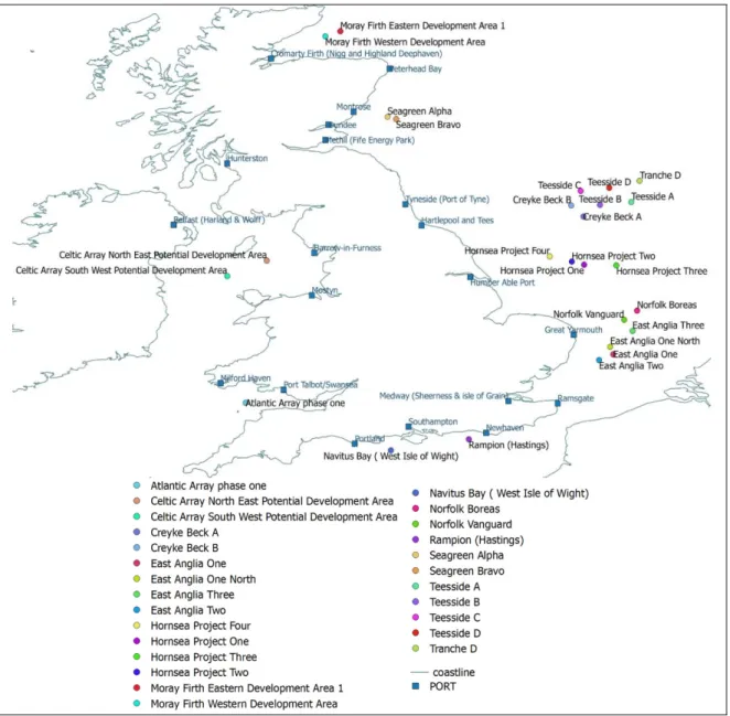 Figure 2. Round 3 offshore locations around the UK by using open source licensed geographic information system QGIS.