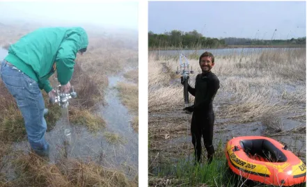 Fig. 3  Manual piston corer (‘Livingstone core sampler’) used on a small lake. The corer works well in soft sediments but is less adapted to more compact clays or sandy sediments