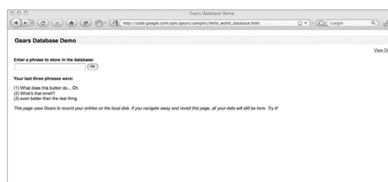 FIGURE 11-1 In this Google Gears application, some searched phrases are maintained on the local machine.