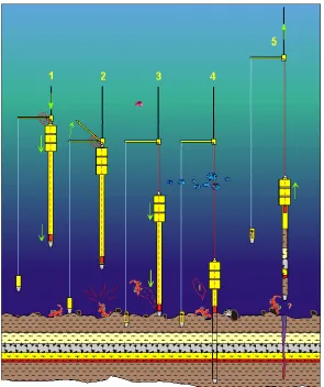 Figure 11. Piston corer operations.  (1) Before coring, the piston is lowered in the core catcher