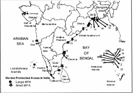 Fig. 1 — Location of marine protected areas (location no. in map corresponds to serial number of MPA in Table 1)