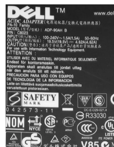 FIgURE 3.5 Certifications indicated on a Dell laptop computer AC power supply.