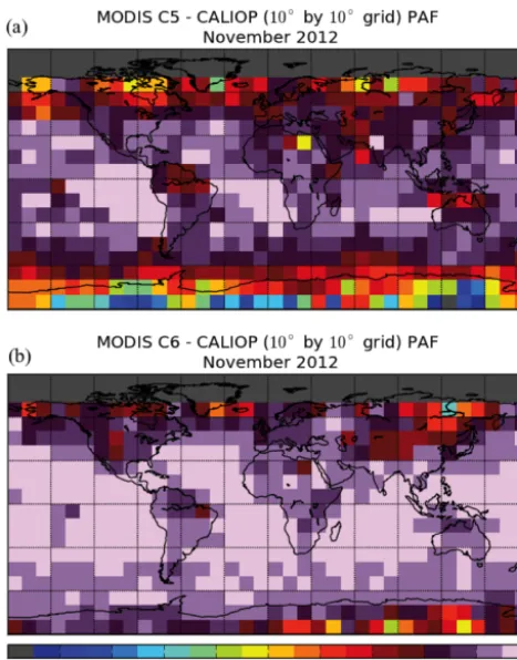 Figure 8. Gridded PAF (phase agreement fraction) score maps, forC5 (a) and C6 (b), obtained from the MODIS–CALIOP collocateddata set for November 2012.