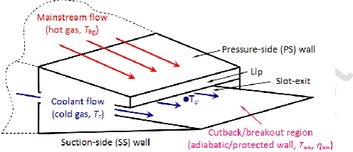 Figure 2: Schematic view of TE cutback slot with cold and hot gas streams. 