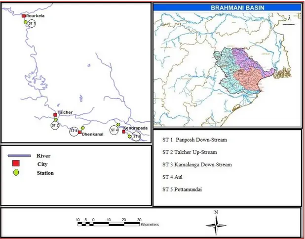 Figure 3.3: Brahmani River Basin along with five Gauging Stations 