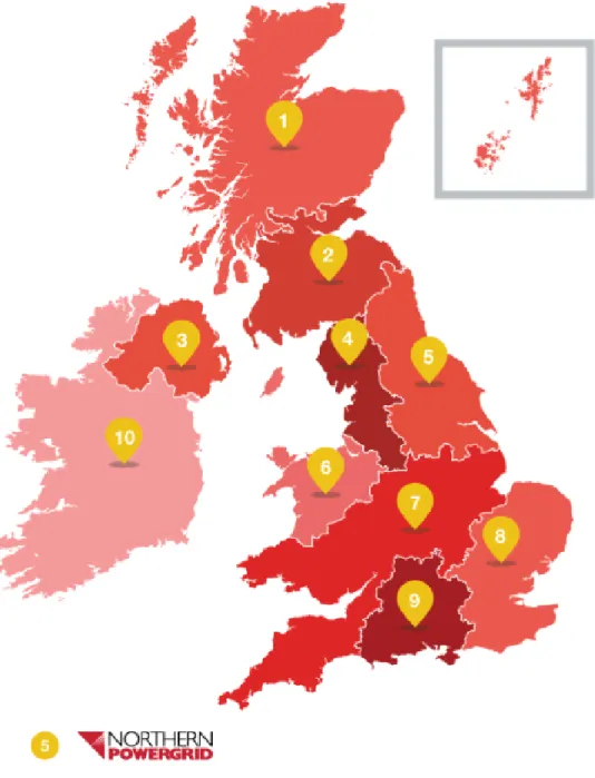 Figure 1.2: Map of the DNO Areas in the UK with NPG operating in Area 5 (Energy Networks Association, 2014)