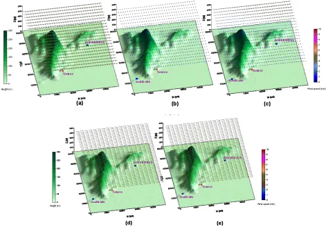 Fig. 5: Wind field generated by PANEPR at 10m above topography for scenarios (a) to (e) at 12:00 hrs
