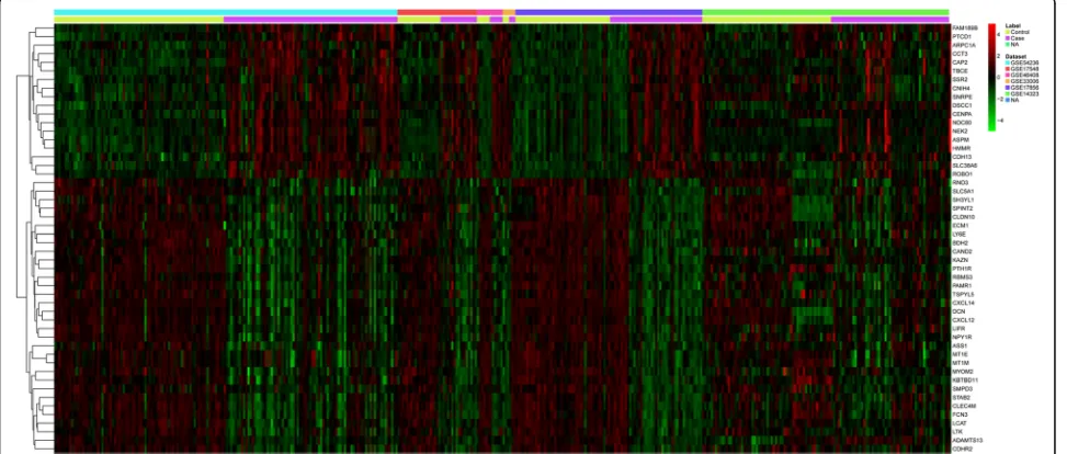 Fig. 1 Heat-map image of the top 50 significantly up-regulated or down-regulated genes in HCC