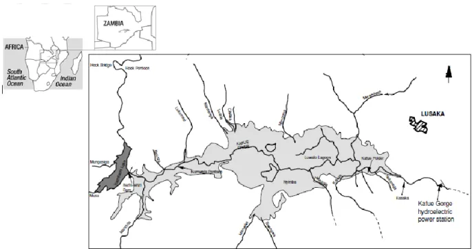 Figure 1. Outline of Kafue Flats floodplain. (Source: modified from WWF-Zambia, 2006) Light  grey shading shows extent of floodplain