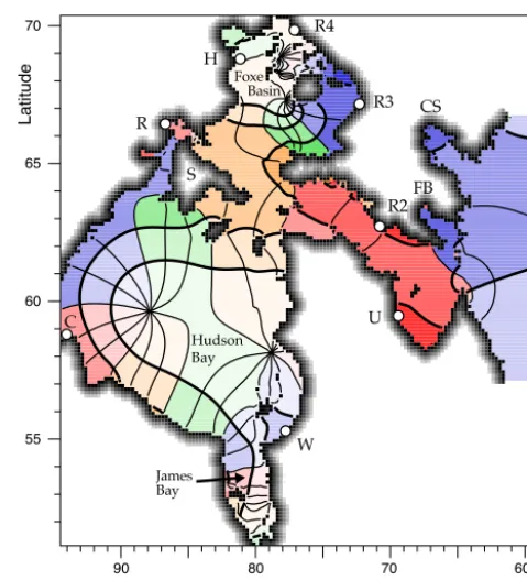 Figure 2. Model solution for the M2 tide. Thick lines are contoursof amplitude at 0.5 m, 1 m, 2 m and 3 m