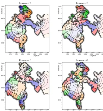 Figure 8. The amplitude and phase of resonances D to G of Table 2. Amplitudes normalised to one and phases are relative to the west sideFile:    gtide_F.h5File:    gtide_G.h5of Ungava Bay