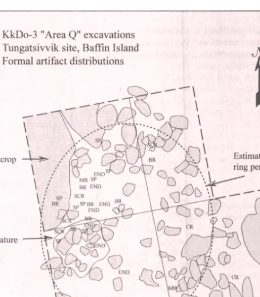 Figure 5. Recorded distributions of the Area Q artifacts, Tungatsivvik (KkDo-3) site (modified from Park 1999)