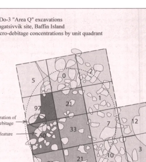 Figure 6. Distribution of macro-debitage flakes by unit, Area Q, Tungatsivvik (KkDo- (KkDo-3) site (modified from Park 1999)
