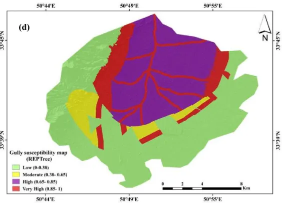Figure 6. Gully erosion susceptibility maps based on: (a) AB-REPTree, (b) Bag-REPTree, (c) RS-