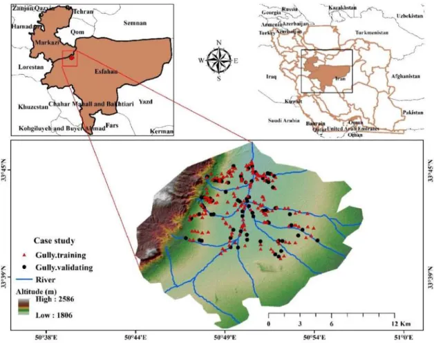 Figure 1. Location of the study area and model training and validating gullies. 
