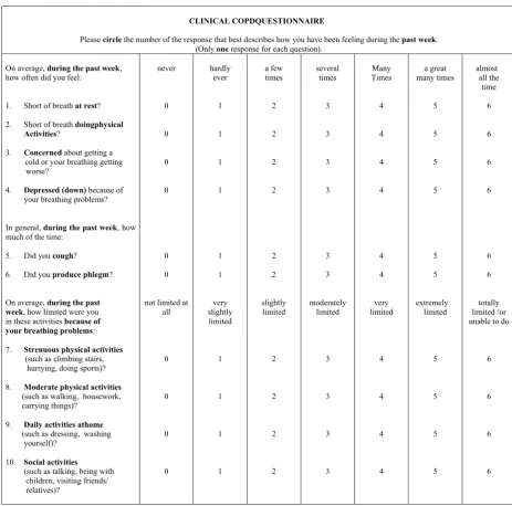 Figure 1CCQ questionnaire Calculation of scores: CCQ total score = (item 1 + 2 + 3 + 4 + 5 + 6 + 7 + 8 + 9 + 10)/10; Symptom = (item 1 + 2 + 5 + 6)/4; Functional state = (item 7 + 8 + 9 + 10)/4; Mental state = (item 3 + 4)/2