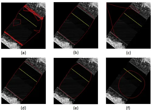 Fig. 2. Final position of the snake curve is represented in red over the sloperaster surface in the (a) ﬁrst, (b) second, (c) third, (d) fourth, (e) ﬁfth, (f) sixthand (g) seventh test case of internal energy analysis, while the navigationpoints are represented in yellow.