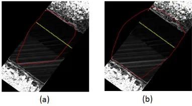 Fig. 4. Final position of the snake curve is represented in red over the sloperaster surface with (a) κ1 = 1 and (b) κ1 = 4 parameter in 10 m nationalprimary road section, while the navigation points are represented in yellow.