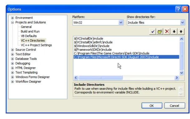 Figure 8: DirectX SDK (August 2007) Include Directory Added to the List    •  In the top right‐hand area of the dialog box, under Show directories for, select Library  Files from the drop‐down list. This is shown in Figure 9.  Figure 9: Select Library File