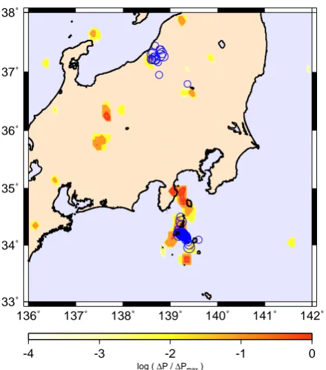 Fig. 2. Application of the PI method to central Japan. Coloredareas are the forecast hotspots for the occurrence of M≥5 earth-quakes during the period 2000-2010 derived using the PI method.The color scale gives values of the log10(P/Pmax)