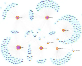 Figure 7: Using the Network View to examine a large home network. Local nodes (192.168.*.*) are shown in purple