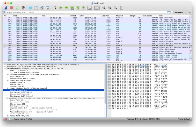Figure 1: Screenshot of the Wireshark Network Protocol Analyser. Whilst this provides an excellent tool for experienced security analysts, non-expert users may have difficulty in identifying activities of interest from the text-based view of network traffi