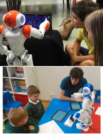 Figure 6: The ﬁrst ﬁeld studies were focused on technicalvalidation, with more than 70 pupils interacting with therobot over short periods (between 10 and 25 minutes),either alone or in small groups.
