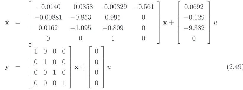 Figure 2.4: Longitudinal linear verses nonlinear aircraft response for for a horizontal taildeﬂection of 0.1 degrees