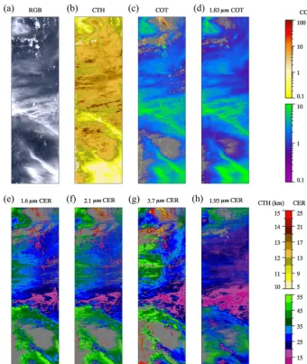 Figure 4. eMAS CTH, COT, and CER retrievals for a portion of track 8 of the 18 September 2013 SEAC4RS science ﬂight