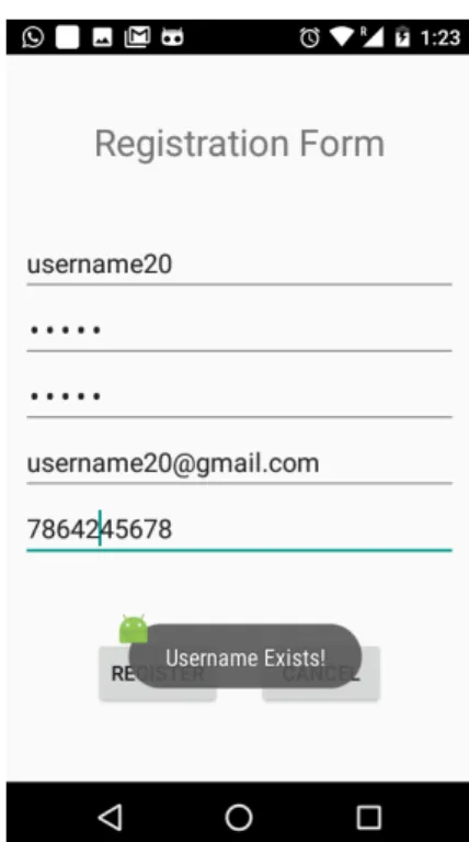 Figure 4.6: Email exists error. Figure 4.7: Username exists error.