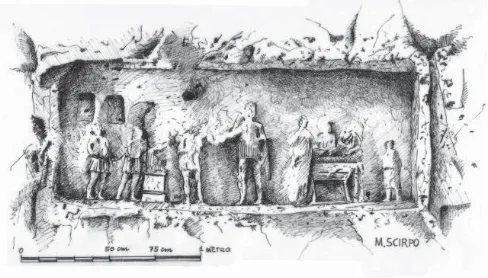 Fig. 7 –  Rilievo rupestre con scena di sacrificio nella parete settentrionale della latomia dell’Intagliatella (disegno di Massimo Scirpo) 