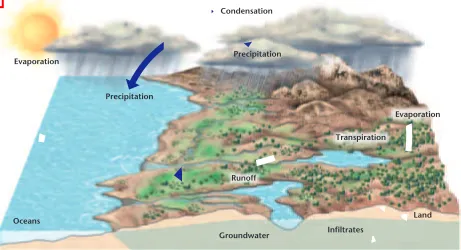 Figure 9-1 The water cycle, also referred to as the hydrologic cycle, is a never-ending,natural circulation of water through Earth’s systems
