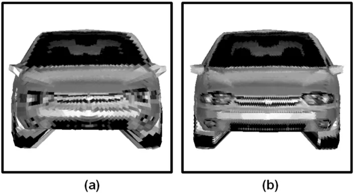Figure 5.  Interpolation of the greyscale values for each vertex across the triangular facets of the ellipsoid-based (a)  and icosahedron-based meshes (b) of Fig 4