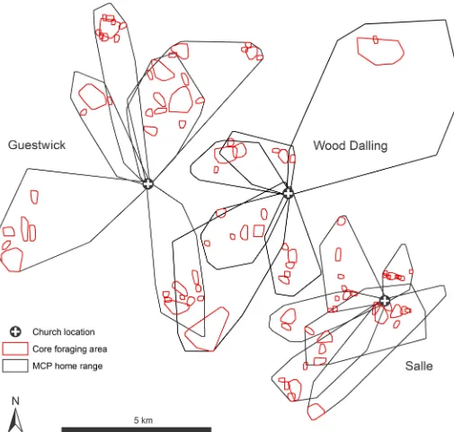 Fig 1. Examples of individual bat home range areas and core foraging areas from 18 adult female Myotis nattereri