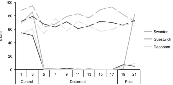 Fig 3. Response of Myotis nattererifigure shows the number of bats roosting inside the church (dashed lines) and in the roost above the deterrent(solid lines) each day at three churches during the control (deterrent off), deterrent (deterrent on) and post-