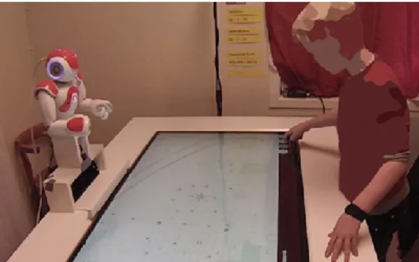 Figure 1. Interaction session displaying set-up of Nao T14  torso attached to the MultiTaction table
