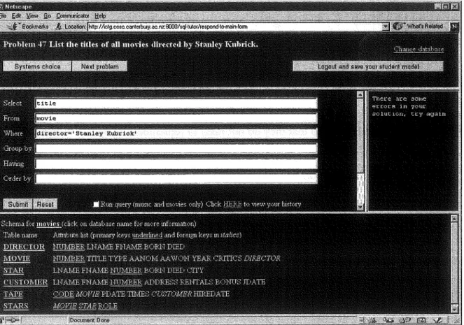 Figure 3 shows the user interface.  In  SQL-Tutor,  constraints  are encoded  as  LISP  fragments,  supported  by  domain-specific  LISP  functions