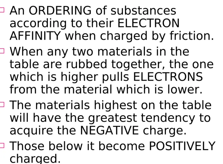 table are rubbed together, the one  which is higher pulls ELECTRONS  from the material which is lower