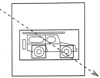 Figure 1.1: A 2-dimensional example of a user defined bounding box hierarchy and a ray being traced throughthe scene.