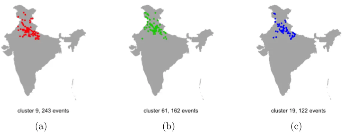 Figure 6.1: Geographic plots of the 3 largest clusters when using spatiotemporal distances only: (a) largest cluster, 243 events, (b) Second-largest cluster, 162 events (c) Third-largest cluster, 122 events