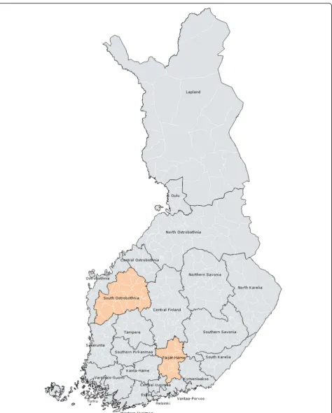 Fig. 1 Kela insurance districts in 2011. Service voucher was piloted in two districs – Päijät-Häme and South Ostrobothnia
