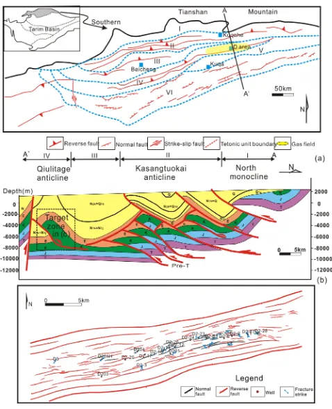 Figure 1. Maps show the elementary structural features of the Kuqa Depression (a) Location of the study area in the Kuqa De-Structural map of the top Palaeogene in the D gas field, with strikes of fractures obtained from orientated cores by means of the pr