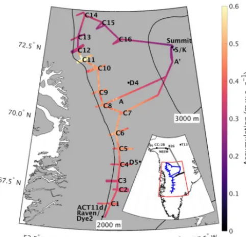 Figure 1. Average accumulation rates across the GreenTrACS tra-verse for the length of each record showing the location of each ﬁrncore, ACT11d, D4, D5, Katie (K), Raven–Dye-2, and Sandy (S) icecores, and Summit Station