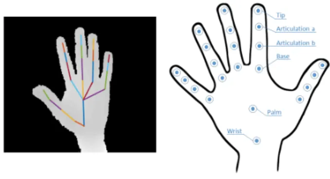 Fig. 1: Depth and hand skeletal data returned by the Intel RealSense camera.