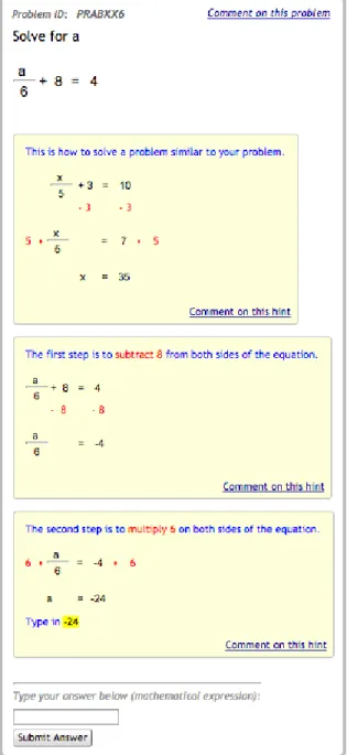 Figure 3-1 An example problem featuring three hints for the skill “Equation Solving with Two or Fewer Steps” 
