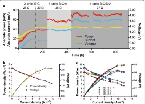 Fig. 8 first polarisation sweep. a Electrical outputs of the serial connections of increasing numbers of units in a single cascade