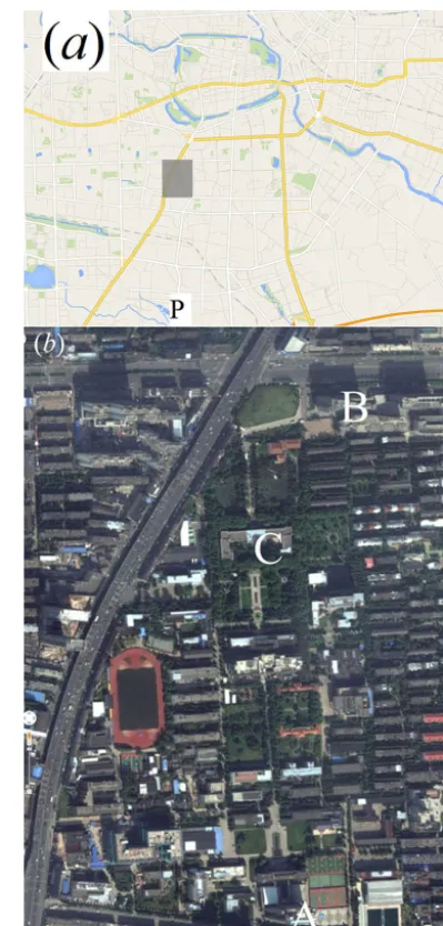 Fig. 1a. The shadow part in Fig. 1a is the campus of USTC(the University of Science and Technology of China), whichwas the location for the light-propagation experiments, and