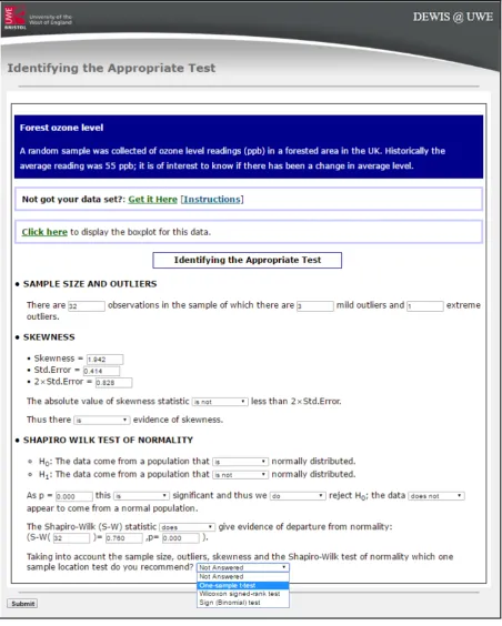 Figure 6: Identifying the Appropriate Test module. The student has answered everything correctly but is about to incorrectly choose the one-sample t-test