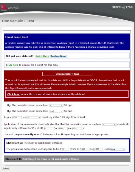 Figure 8: One-sample t-test module with warning message that for the particular data set it is not the recommended test