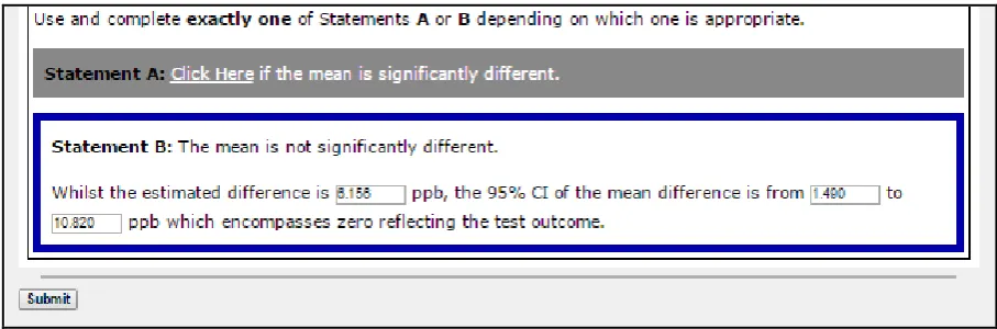 Figure 9: One-sample t-test module alternative final statement. In this case the student has entered correct numerical values but it is the incorrect statement choice as illustrated by the contradiction regarding the confidence interval to encompass zero